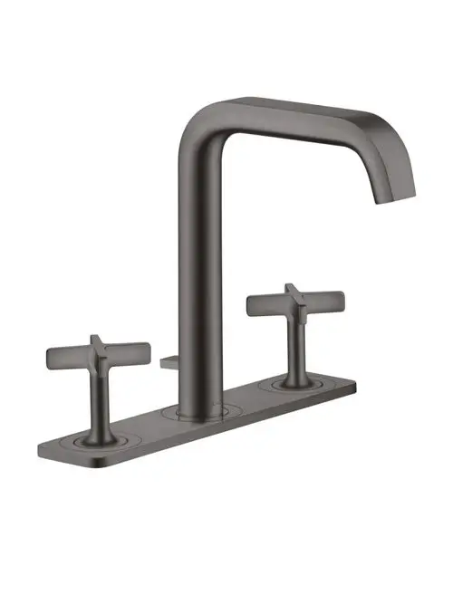 Waschtischarmatur in Brushed Black Chrome von AXOR mit drei Löchern und zwei Bedienelementen auf einer Platte. Dezentraler Auslauf.